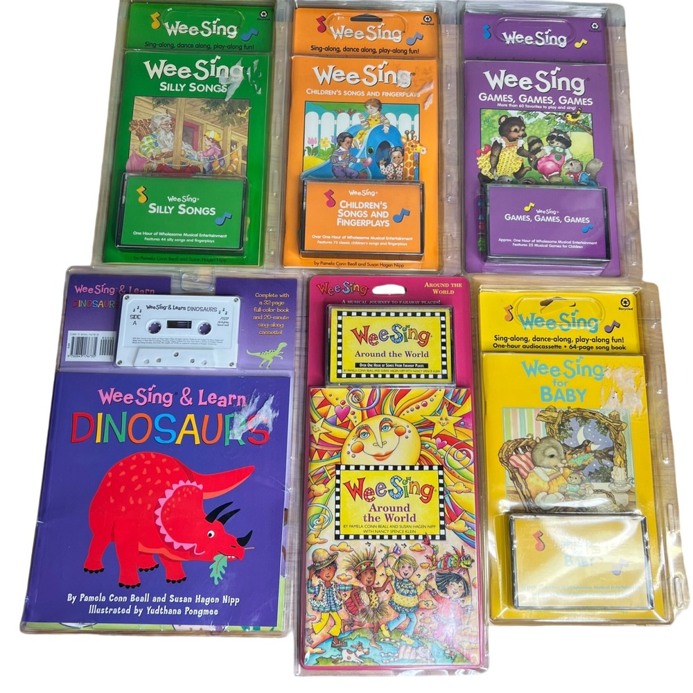 Wee Sing Cassette Book Lot 6 Silly Songs Fingerplays Games Dinosaurs Baby World